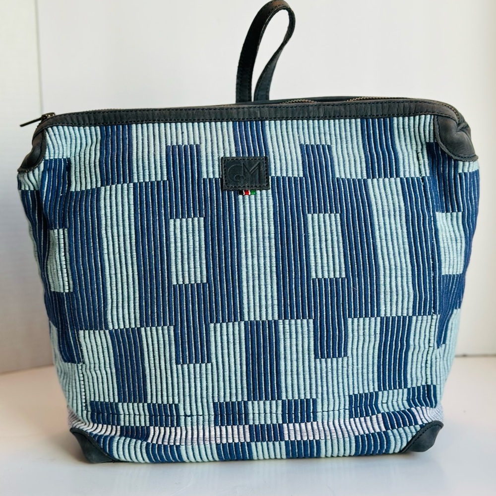 Stylish Blue Patterned Huipil Woven Leather Backpack Bag Made in Italy